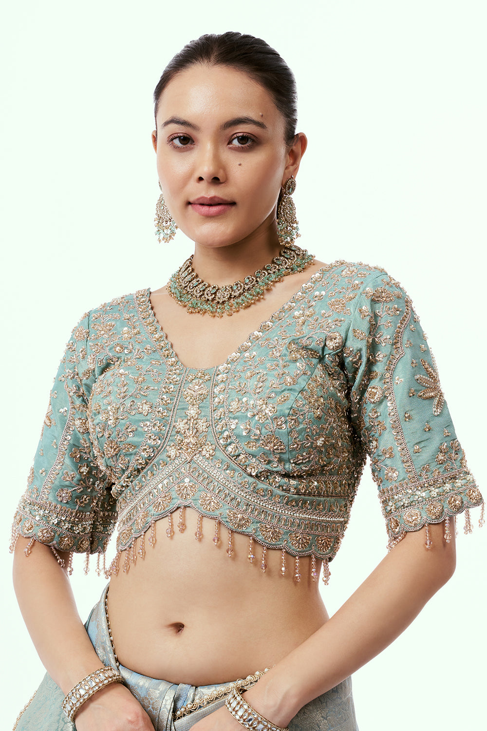 Grey Banarasi Tissue Silk Ready-to-Wear Saree with Stitched Blouse