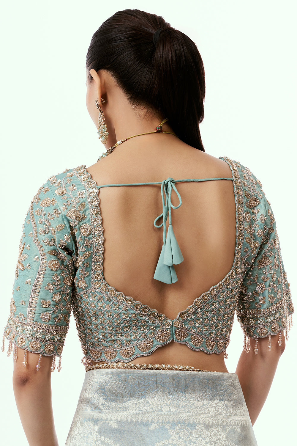 Grey Banarasi Tissue Silk Ready-to-Wear Saree with Stitched Blouse