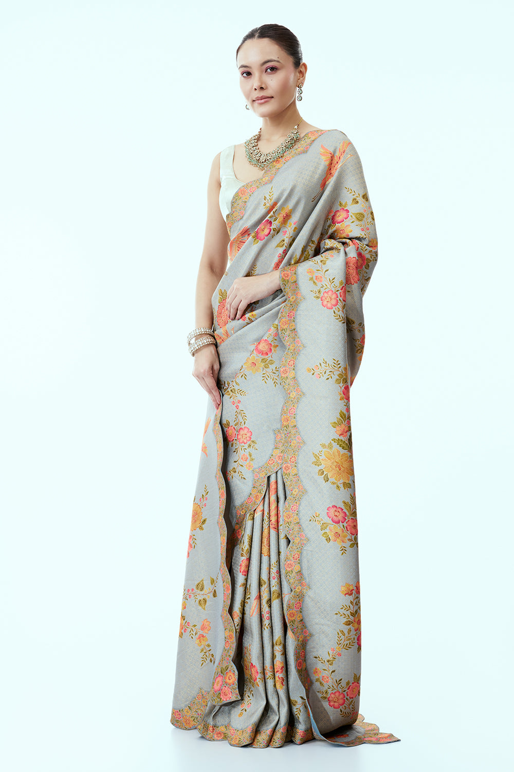 Grey Banarasi Woven Saree with Floral Print and Unstitched Blouse