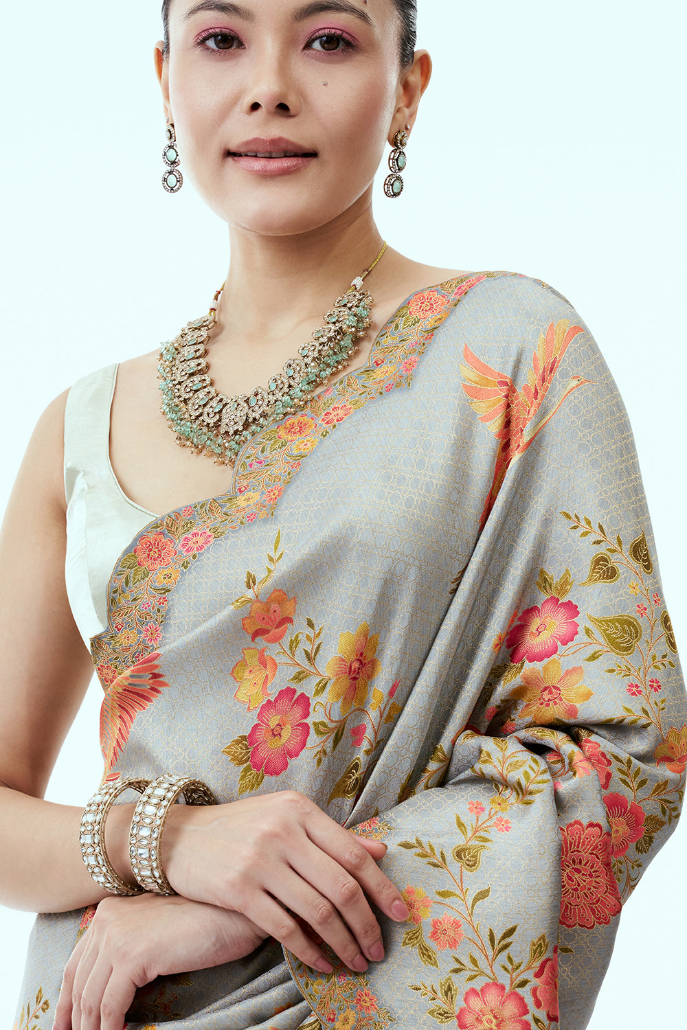Grey Banarasi Woven Saree with Floral Print and Unstitched Blouse