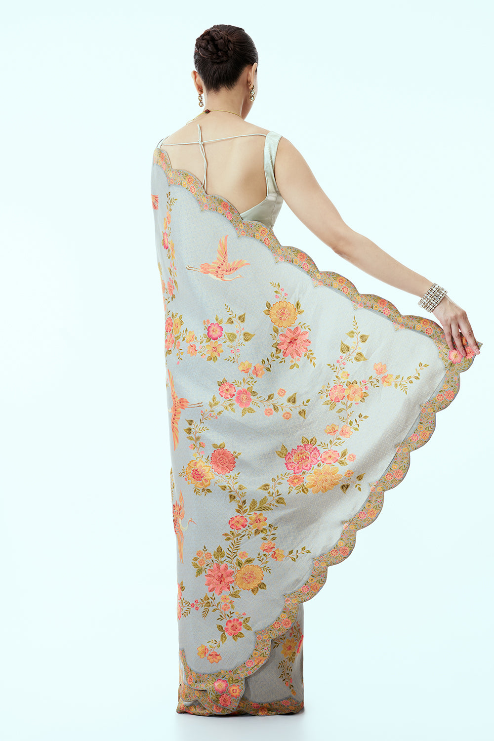 Grey Banarasi Woven Saree with Floral Print and Unstitched Blouse