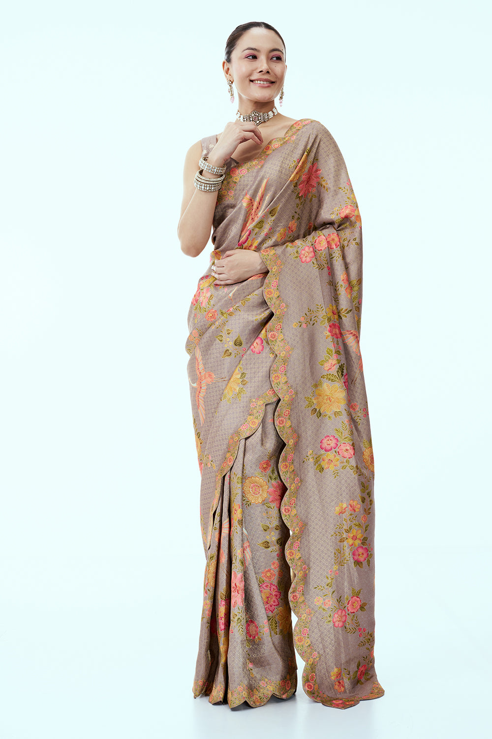 Grey Beige Banarasi Woven Saree with Floral Print and Unstitched Blouse