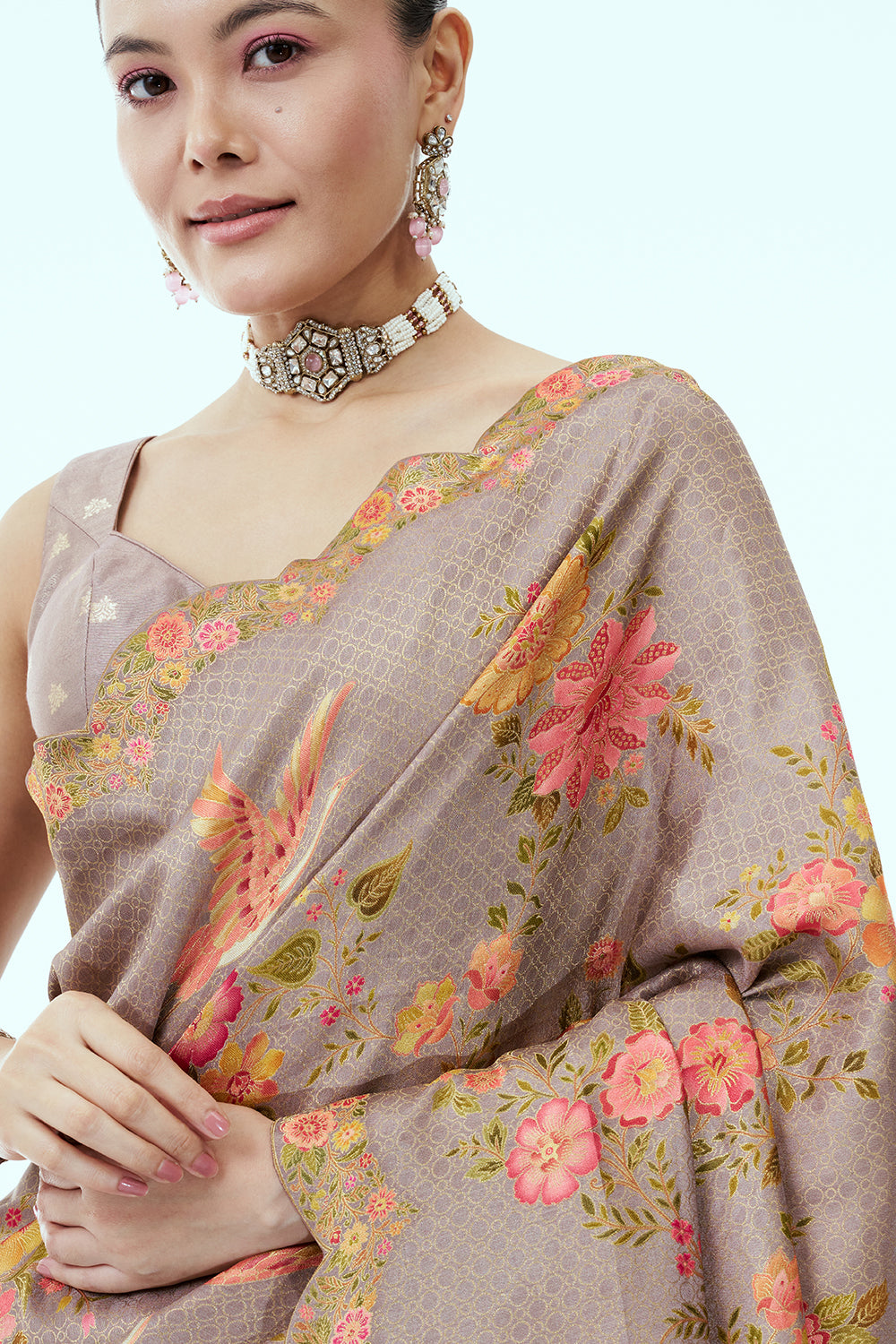 Grey Beige Banarasi Woven Saree with Floral Print and Unstitched Blouse