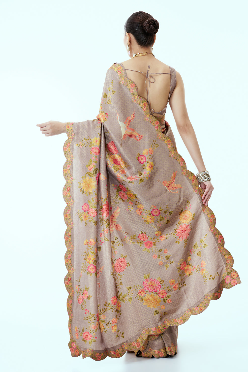 Grey Beige Banarasi Woven Saree with Floral Print and Unstitched Blouse