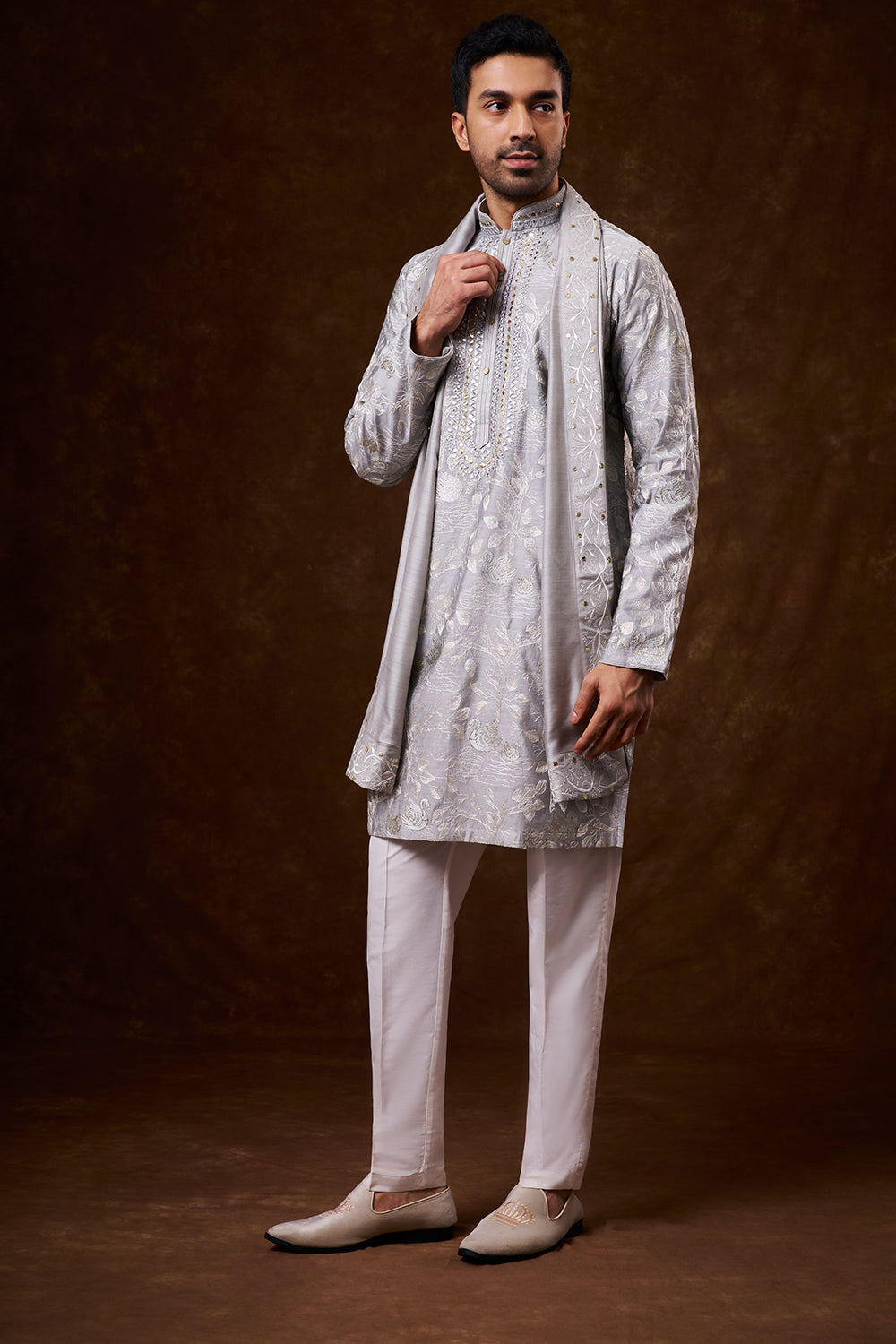 Grey Cotton Men's Kurta Set with Zari Work
