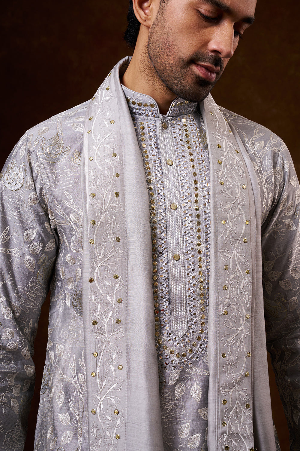 Grey Cotton Men's Kurta Set with Zari Work