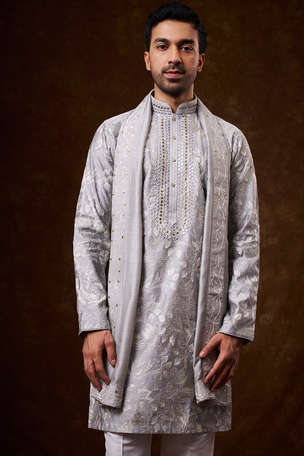 Grey Cotton Men's Kurta Set with Zari Work