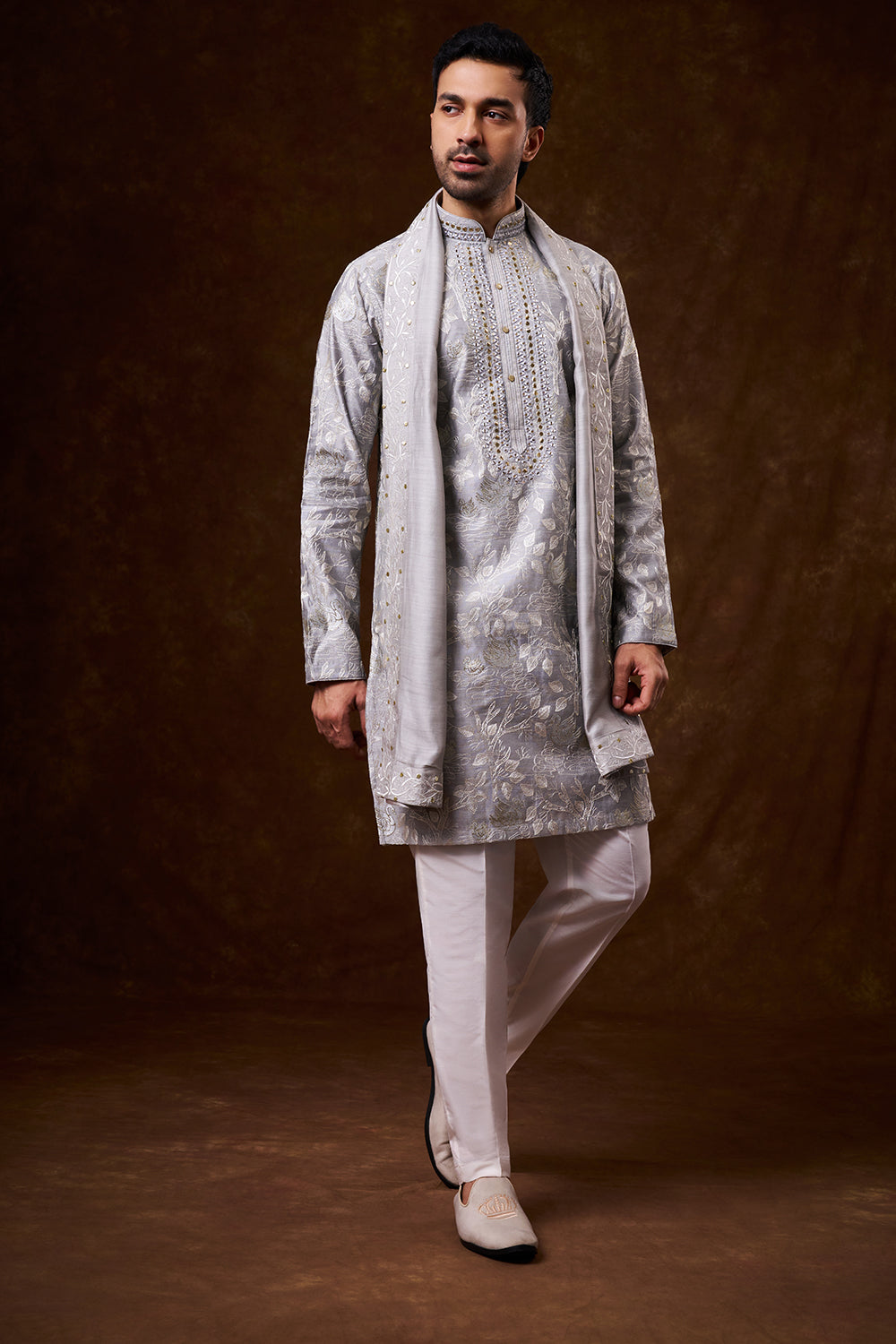 Grey Cotton Men's Kurta Set with Zari Work