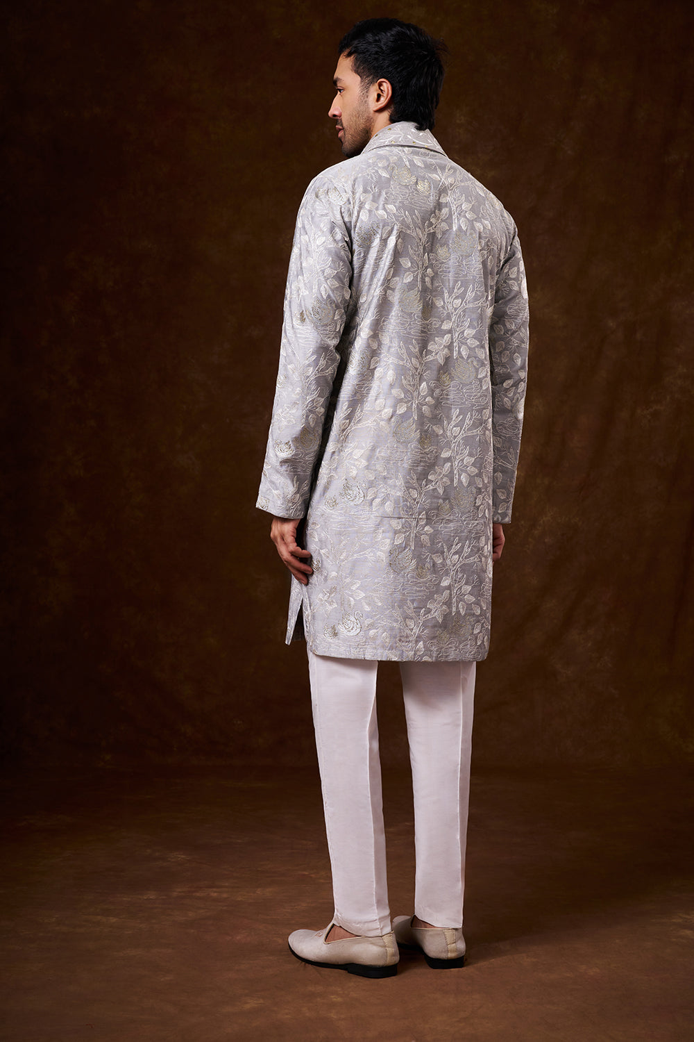 Grey Cotton Men's Kurta Set with Zari Work