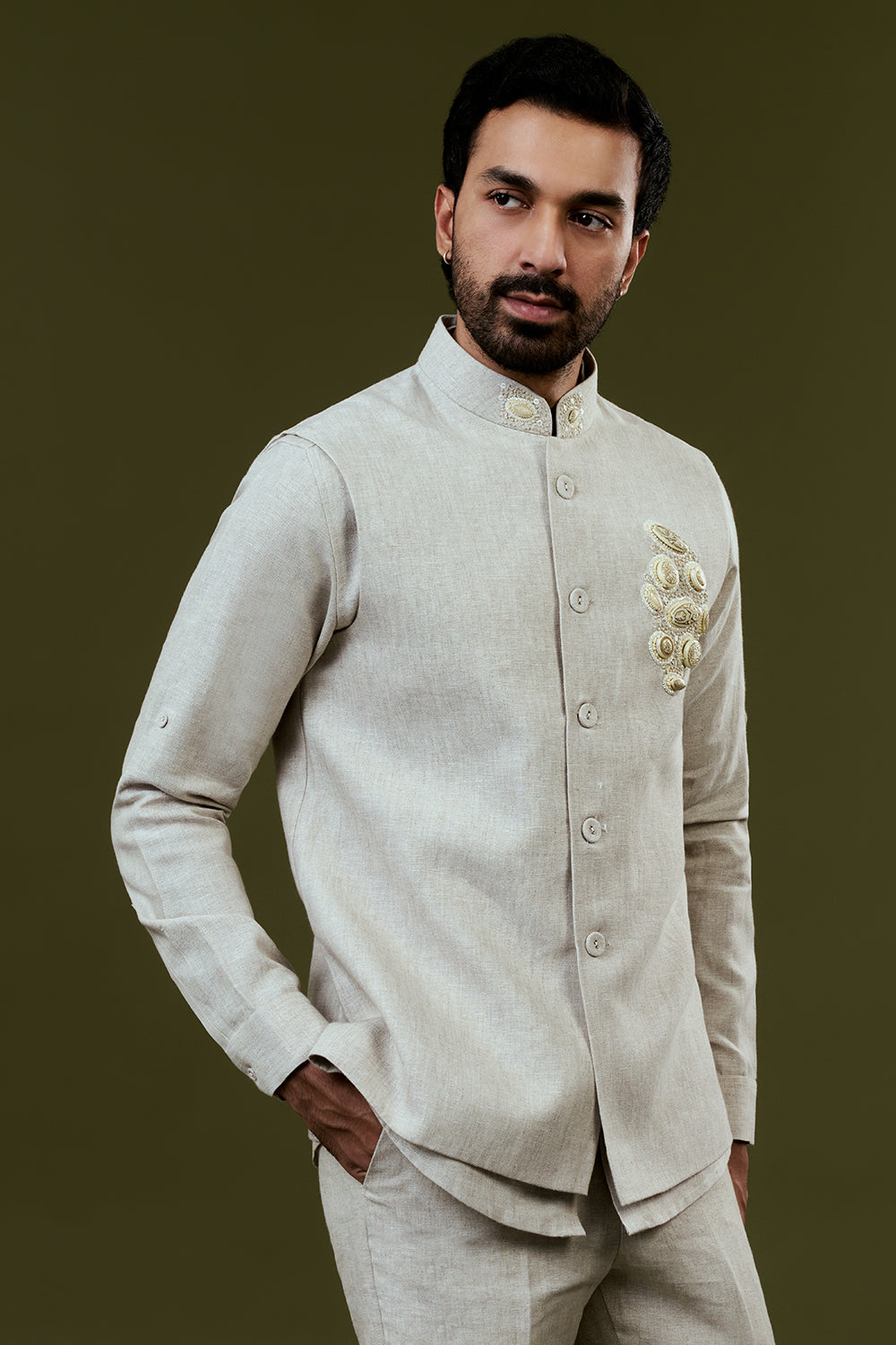 Grey Embroidered Bundi Set with Embroidered Beige Accents and Complementing Trousers