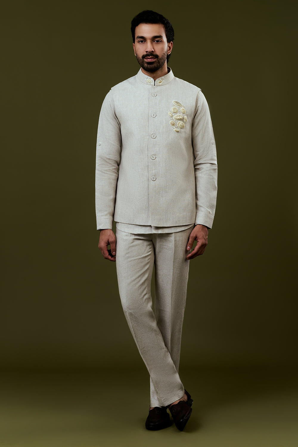 Grey Embroidered Bundi Set with Embroidered Beige Accents and Complementing Trousers
