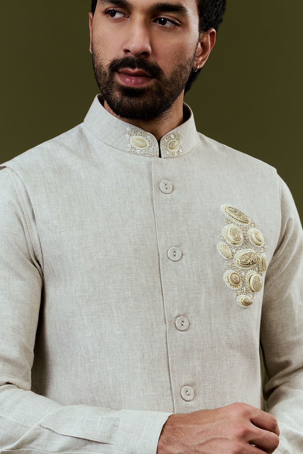 Grey Embroidered Bundi Set with Embroidered Beige Accents and Complementing Trousers