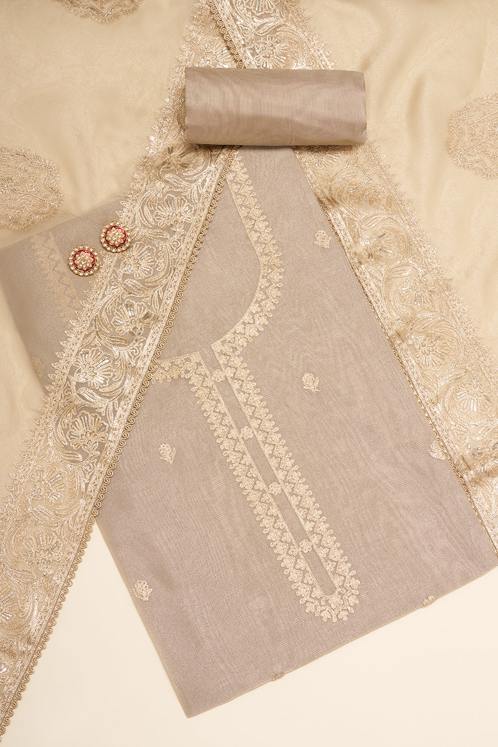 Grey Embroidered Unstitched Suit Set