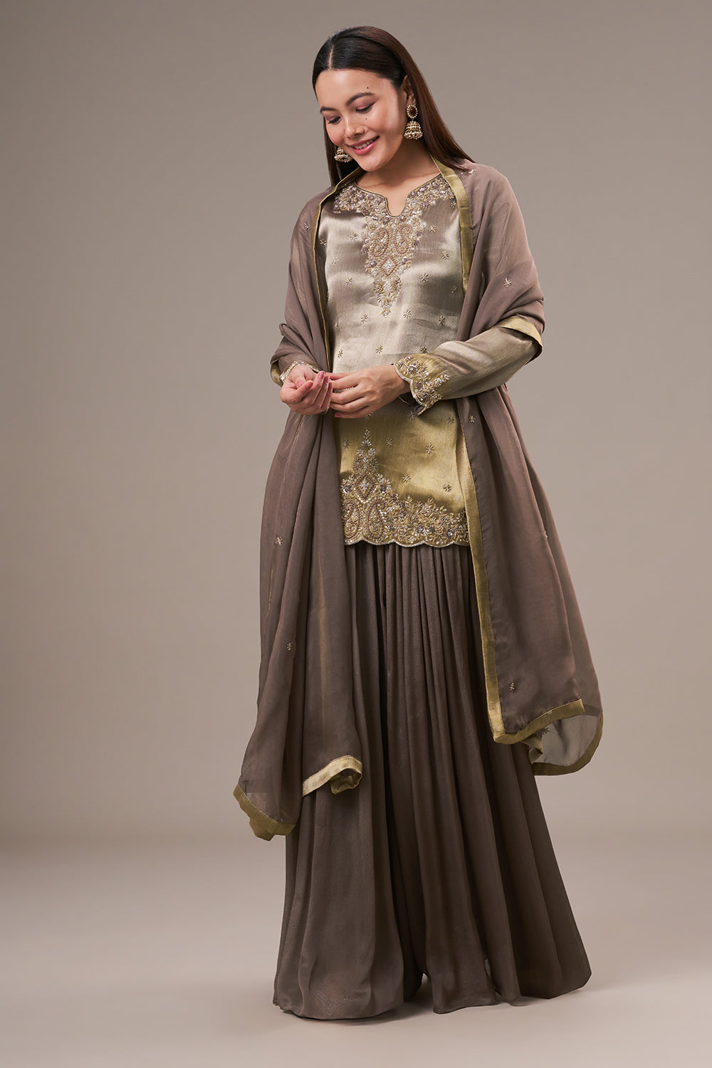 Grey Golden Coloured Tissue Palazzo Suit with Zardosi and Resham Work