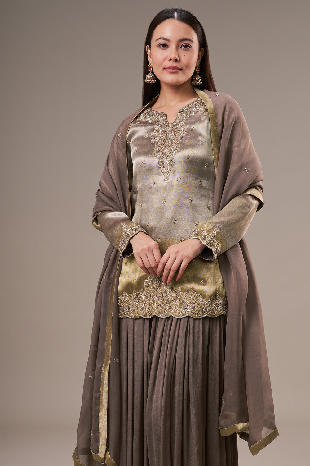 Grey Golden Coloured Tissue Palazzo Suit with Zardosi and Resham Work