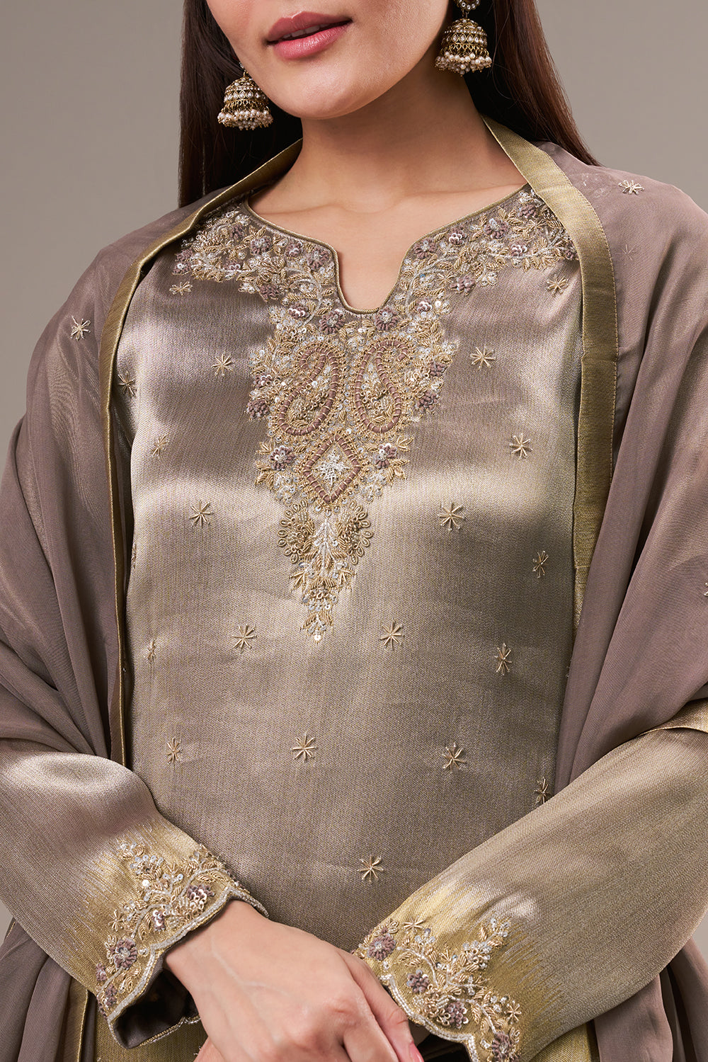Grey Golden Coloured Tissue Palazzo Suit with Zardosi and Resham Work