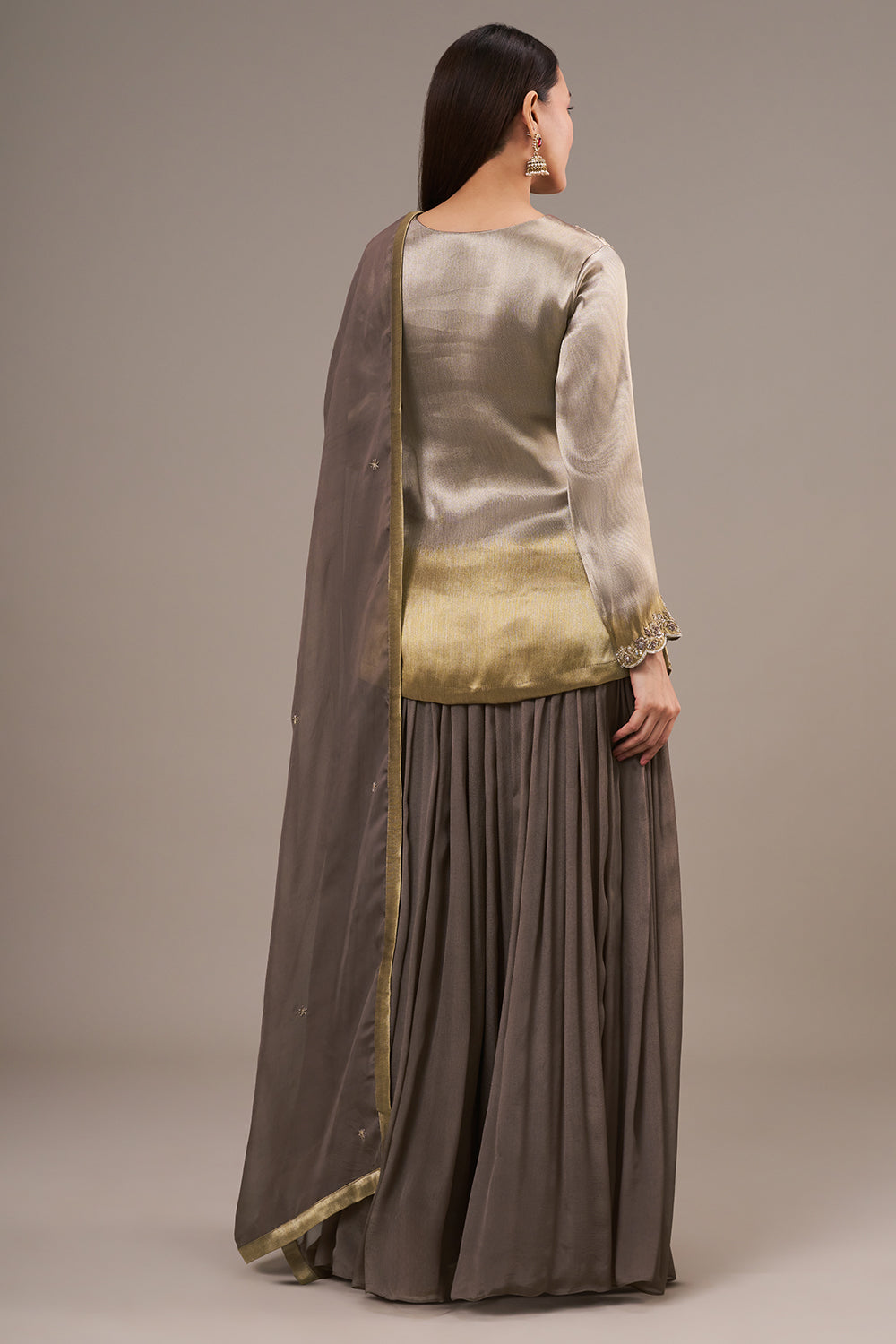 Grey Golden Coloured Tissue Palazzo Suit with Zardosi and Resham Work