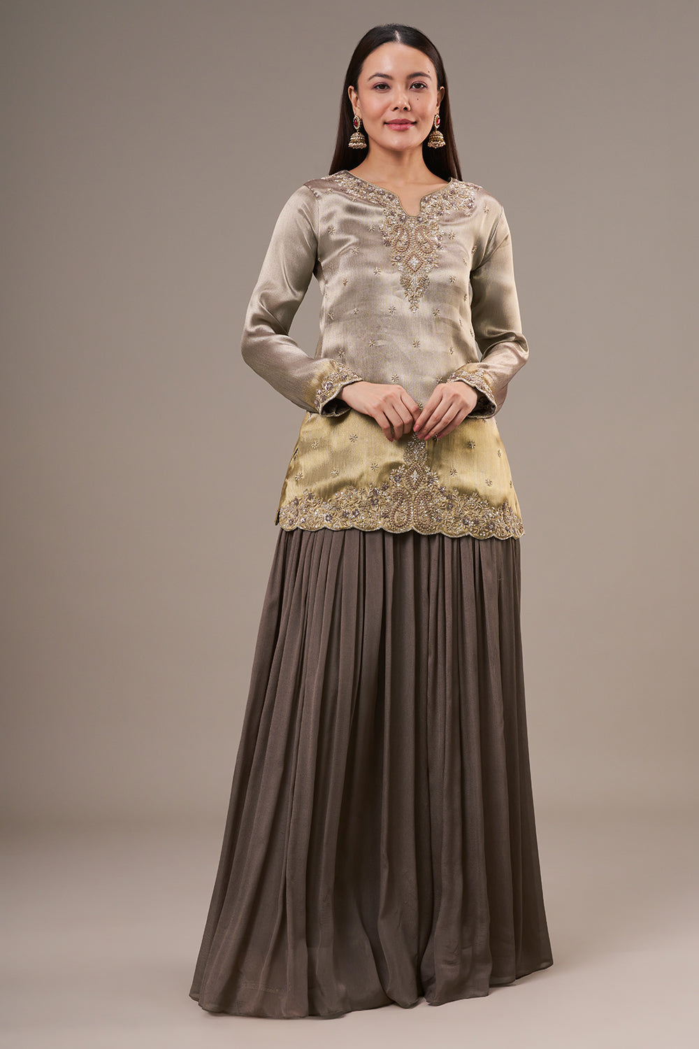 Grey Golden Coloured Tissue Palazzo Suit with Zardosi and Resham Work