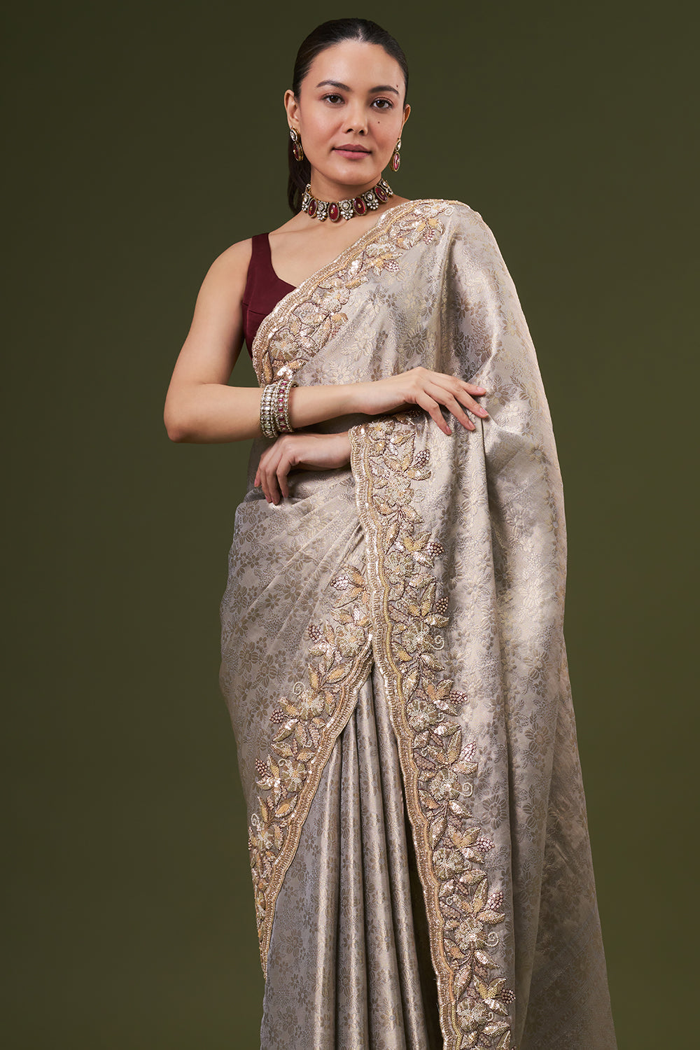 Grey Golden Jacquard Embroidered Saree with Sequin and Pearl Work