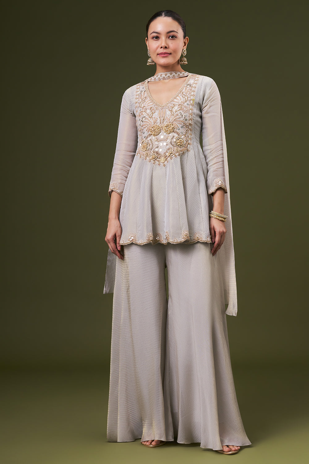 Grey Golden Tissue Silk Palazzo Suit with Pearl and Zari Work