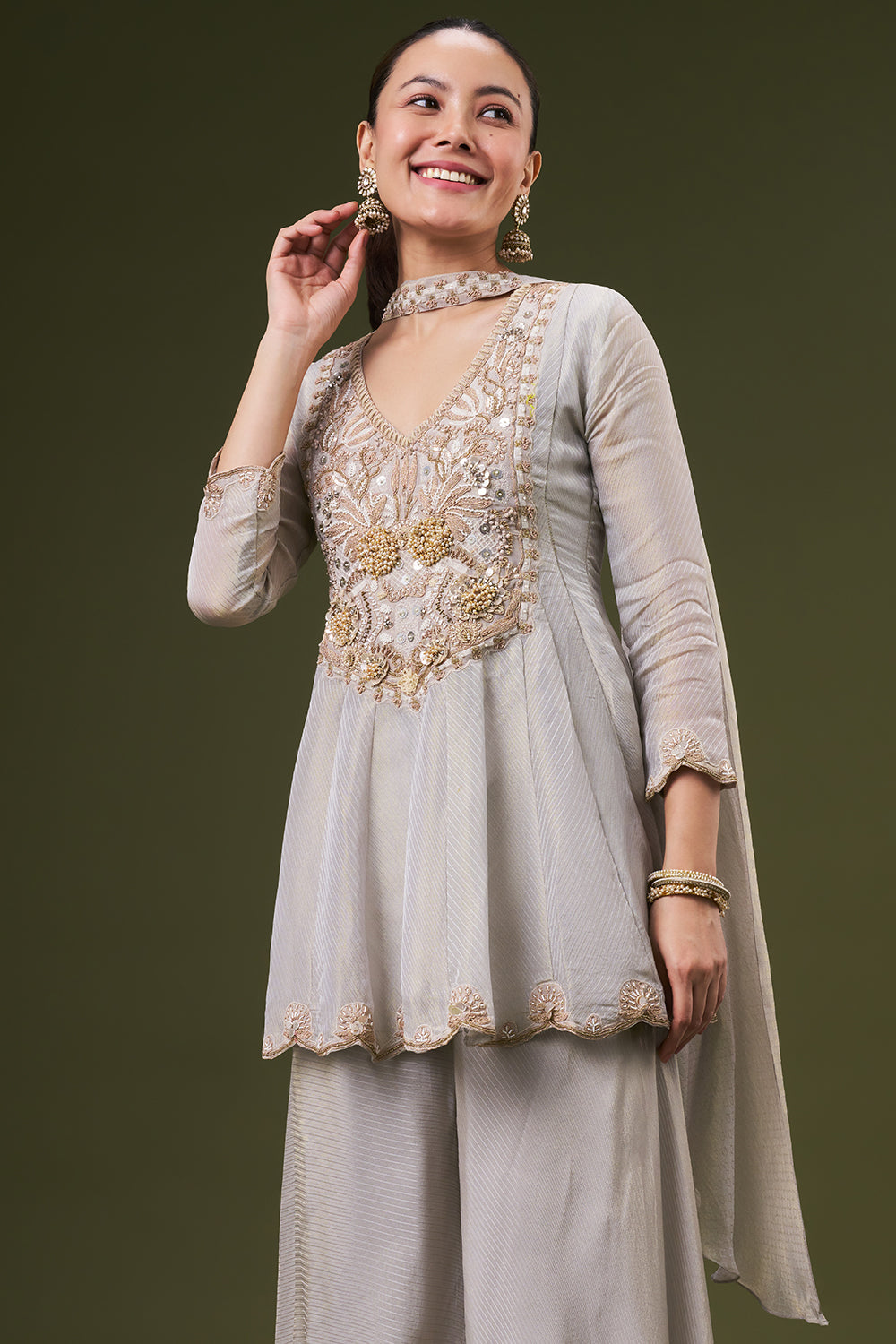 Grey Golden Tissue Silk Palazzo Suit with Pearl and Zari Work