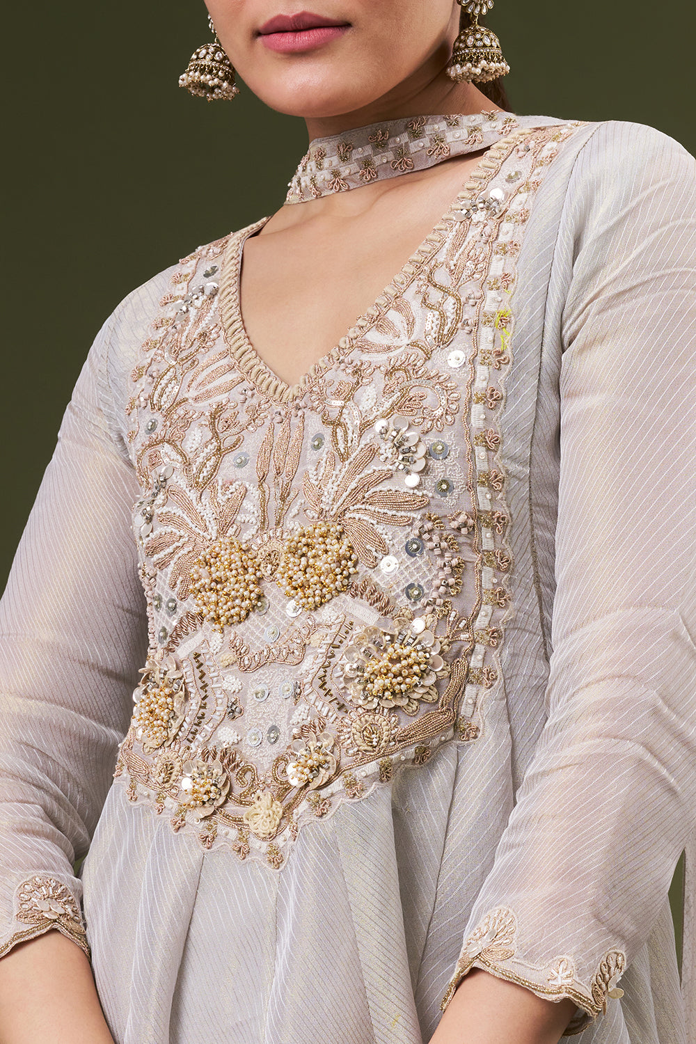 Grey Golden Tissue Silk Palazzo Suit with Pearl and Zari Work