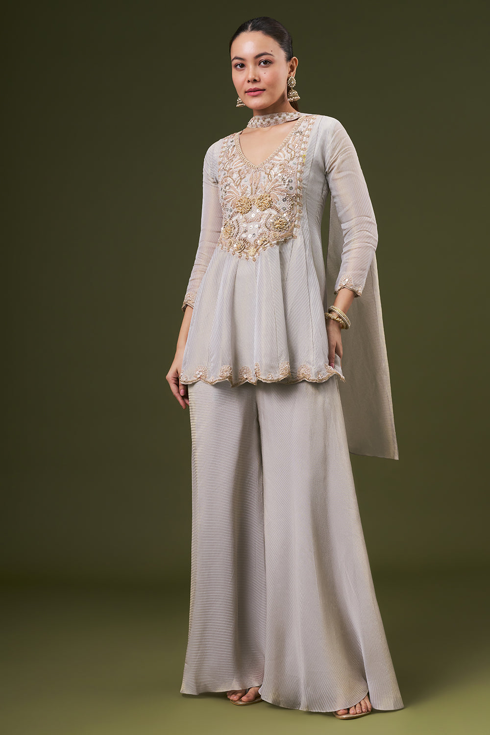 Grey Golden Tissue Silk Palazzo Suit with Pearl and Zari Work