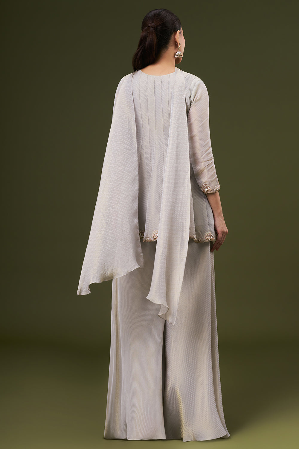 Grey Golden Tissue Silk Palazzo Suit with Pearl and Zari Work