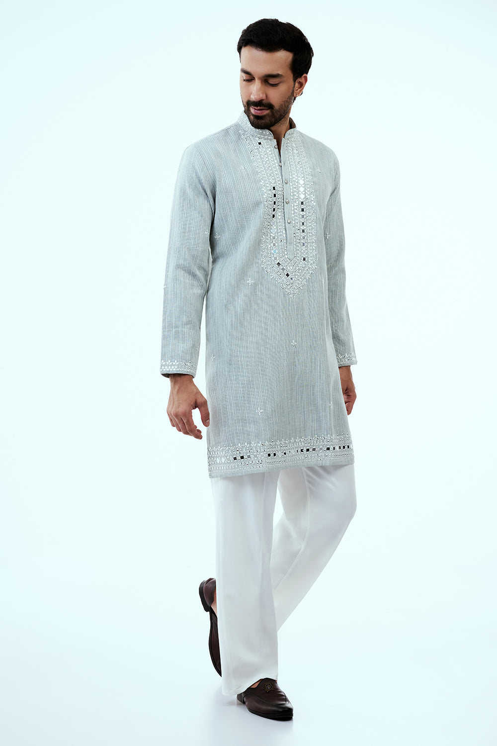 Grey Khadi Silk Mens Kurta Set with Mirror Work