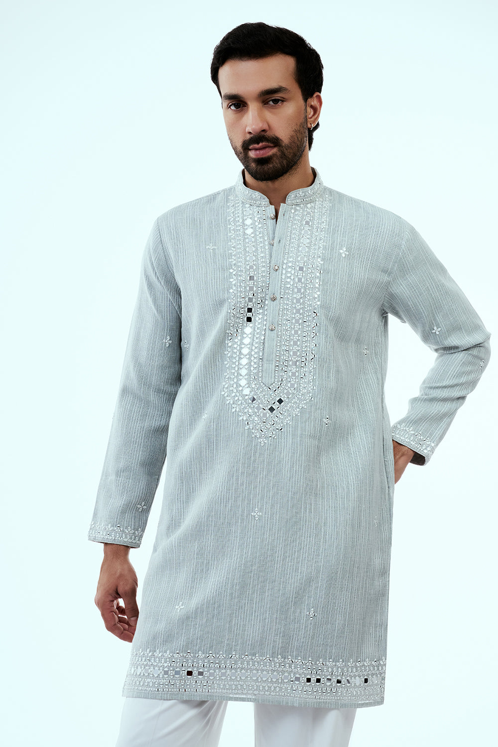 Grey Khadi Silk Mens Kurta Set with Mirror Work