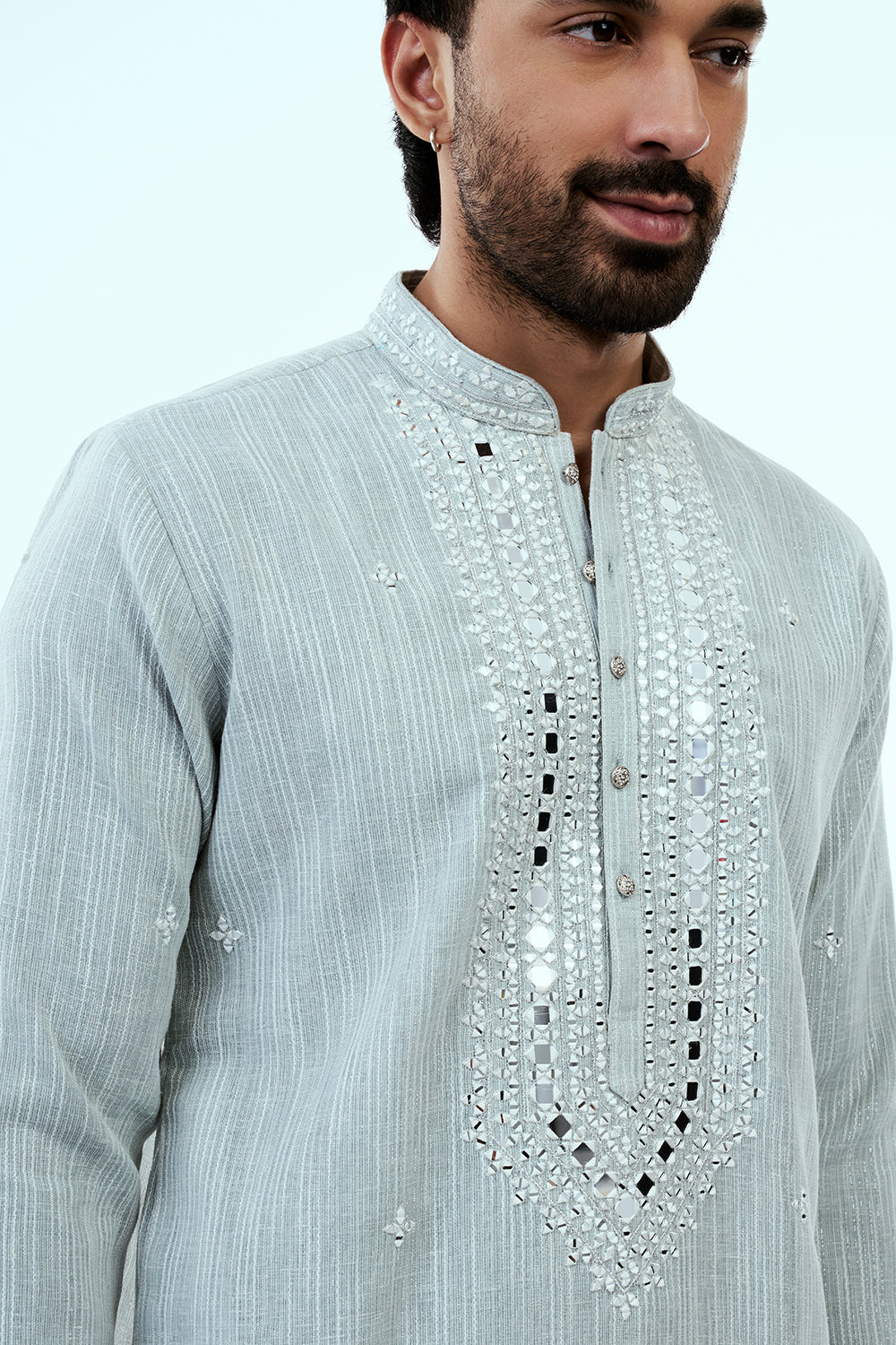 Grey Khadi Silk Mens Kurta Set with Mirror Work