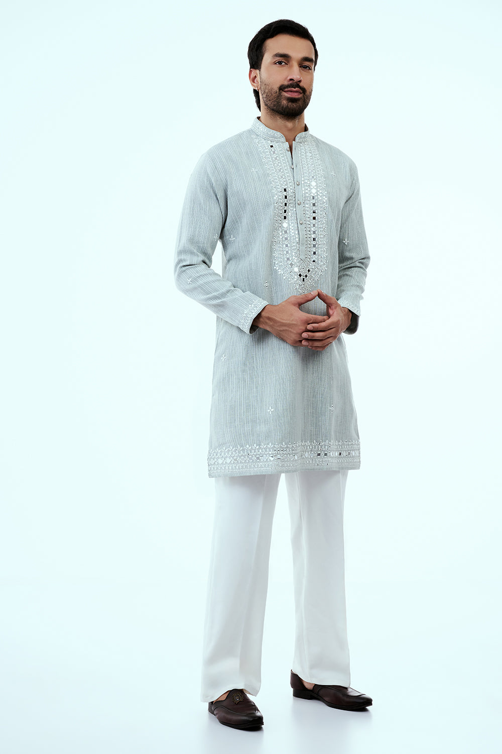 Grey Khadi Silk Mens Kurta Set with Mirror Work
