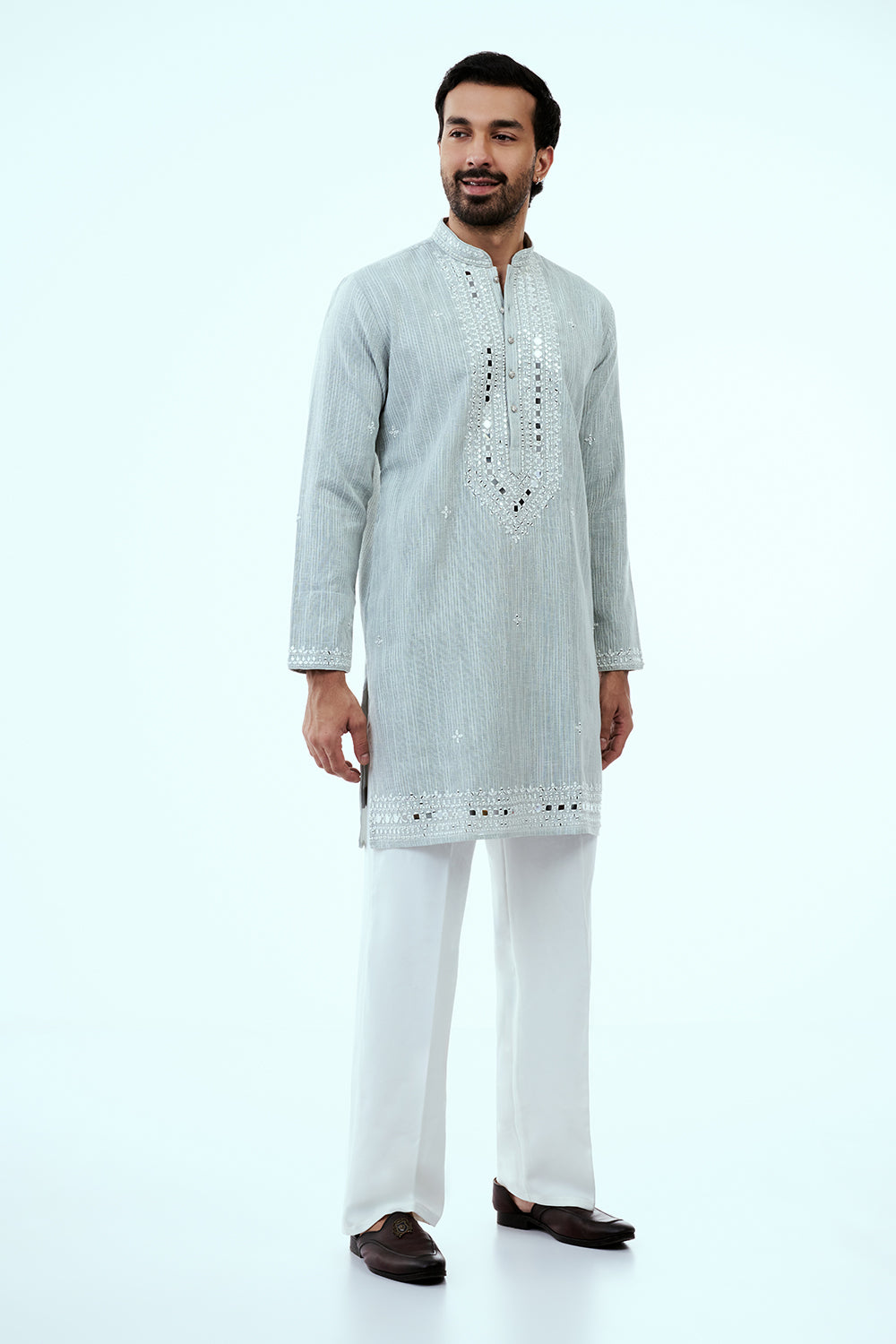 Grey Khadi Silk Mens Kurta Set with Mirror Work