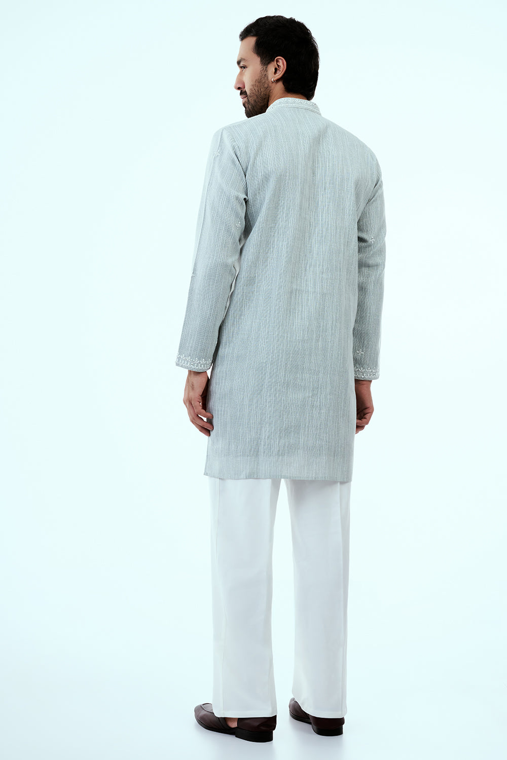 Grey Khadi Silk Mens Kurta Set with Mirror Work