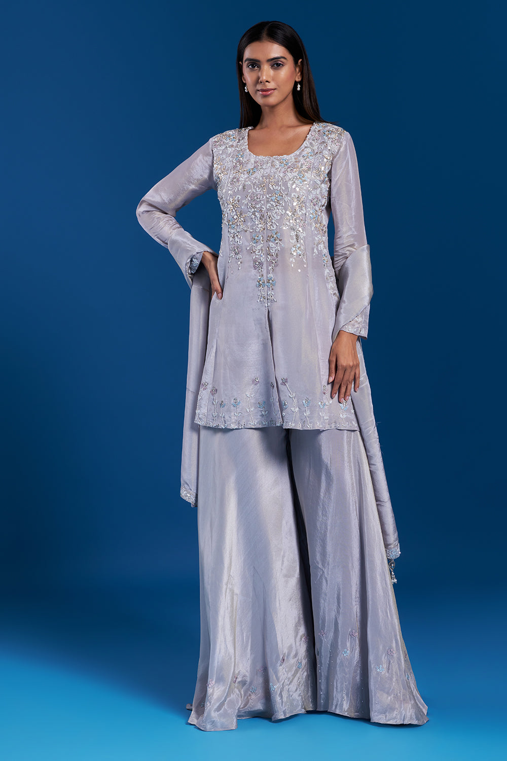 Grey Kurta Palazzo Set with Sequin Work