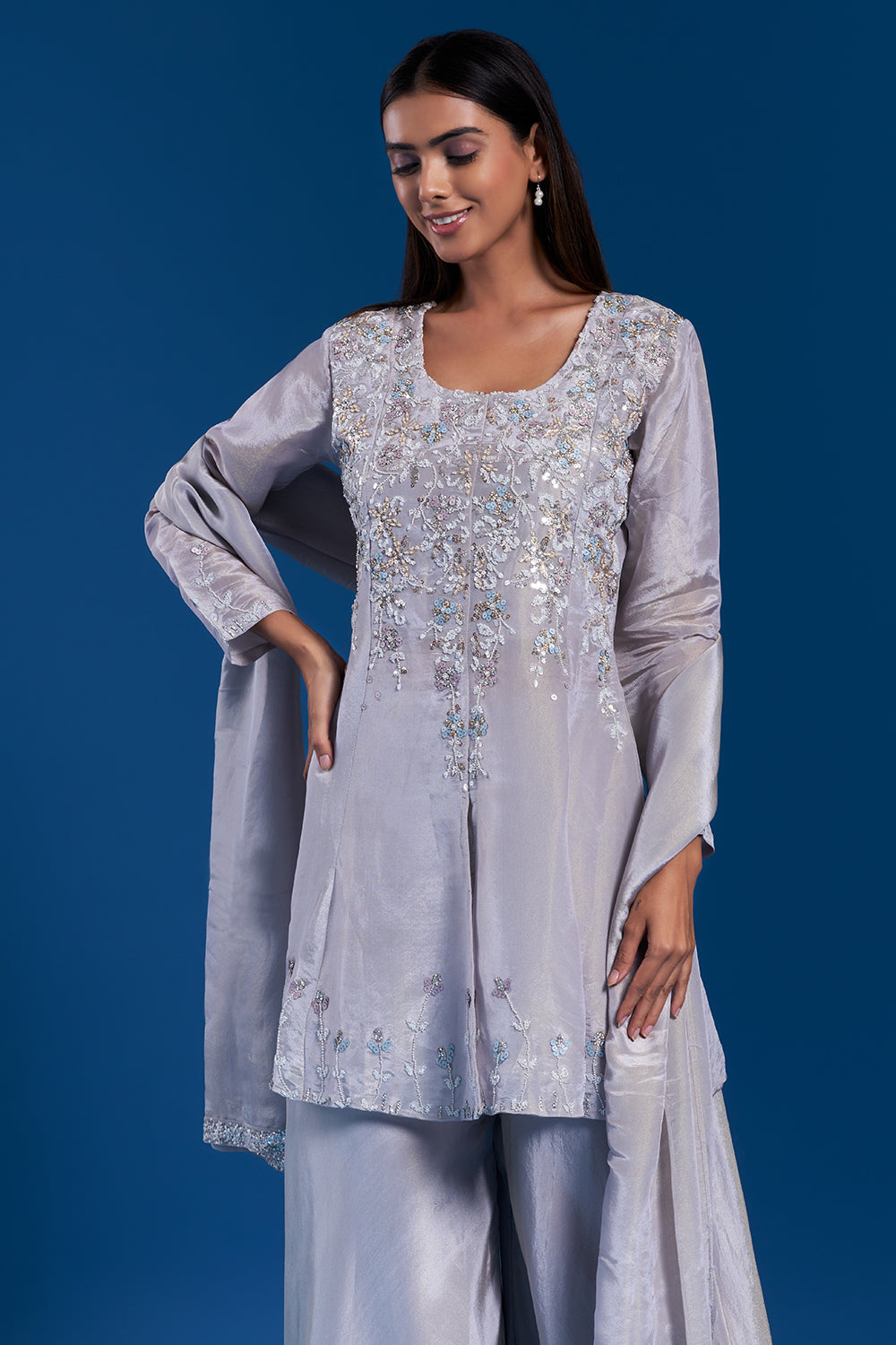 Grey Kurta Palazzo Set with Sequin Work