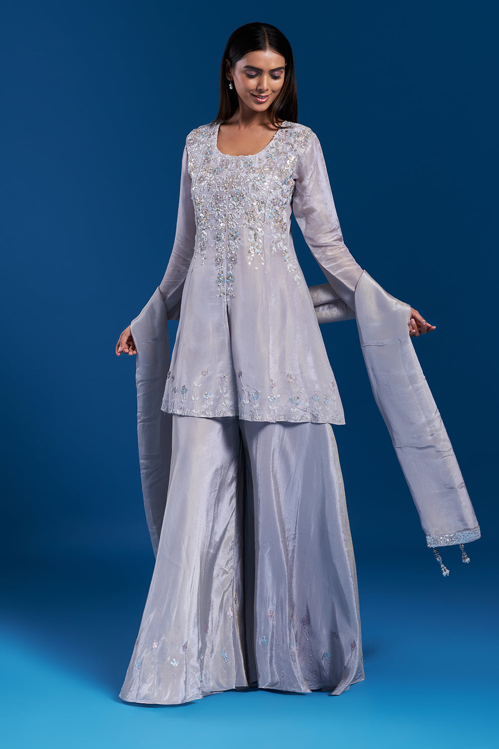 Grey Kurta Palazzo Set with Sequin Work