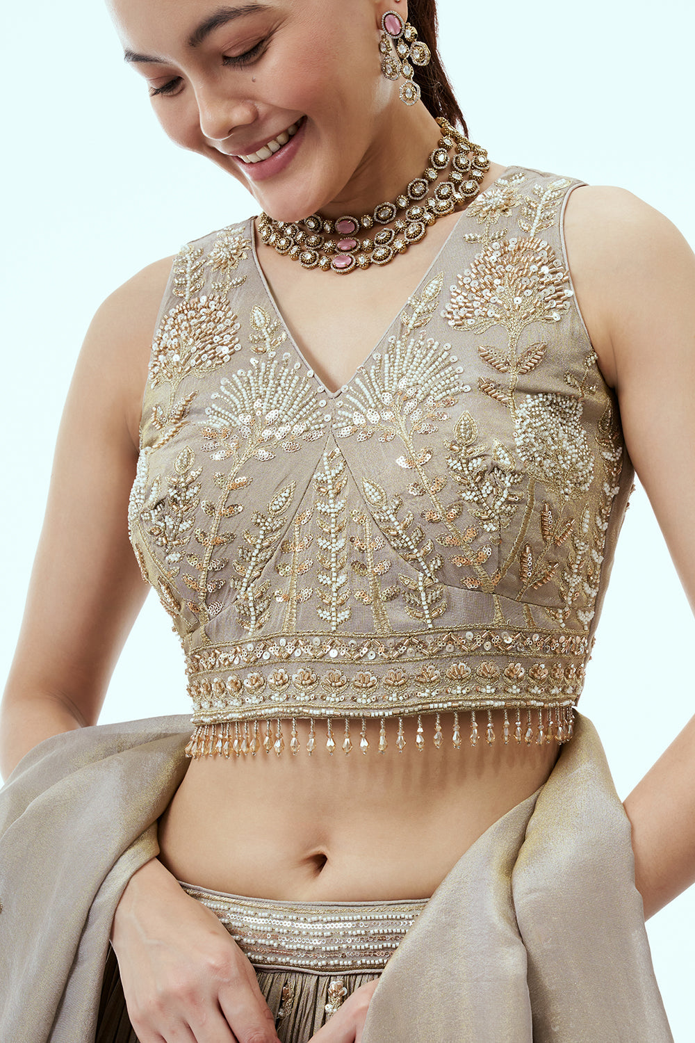 Grey Tissue Lehenga with Cutdana and Moti Embroidery