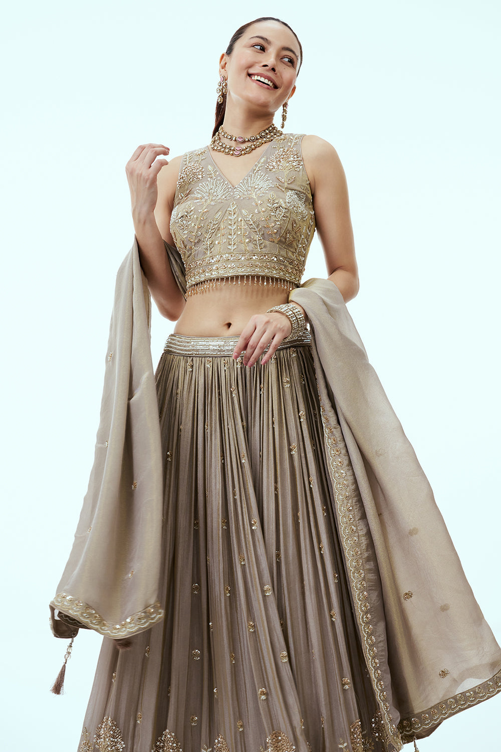 Grey Tissue Lehenga with Cutdana and Moti Embroidery