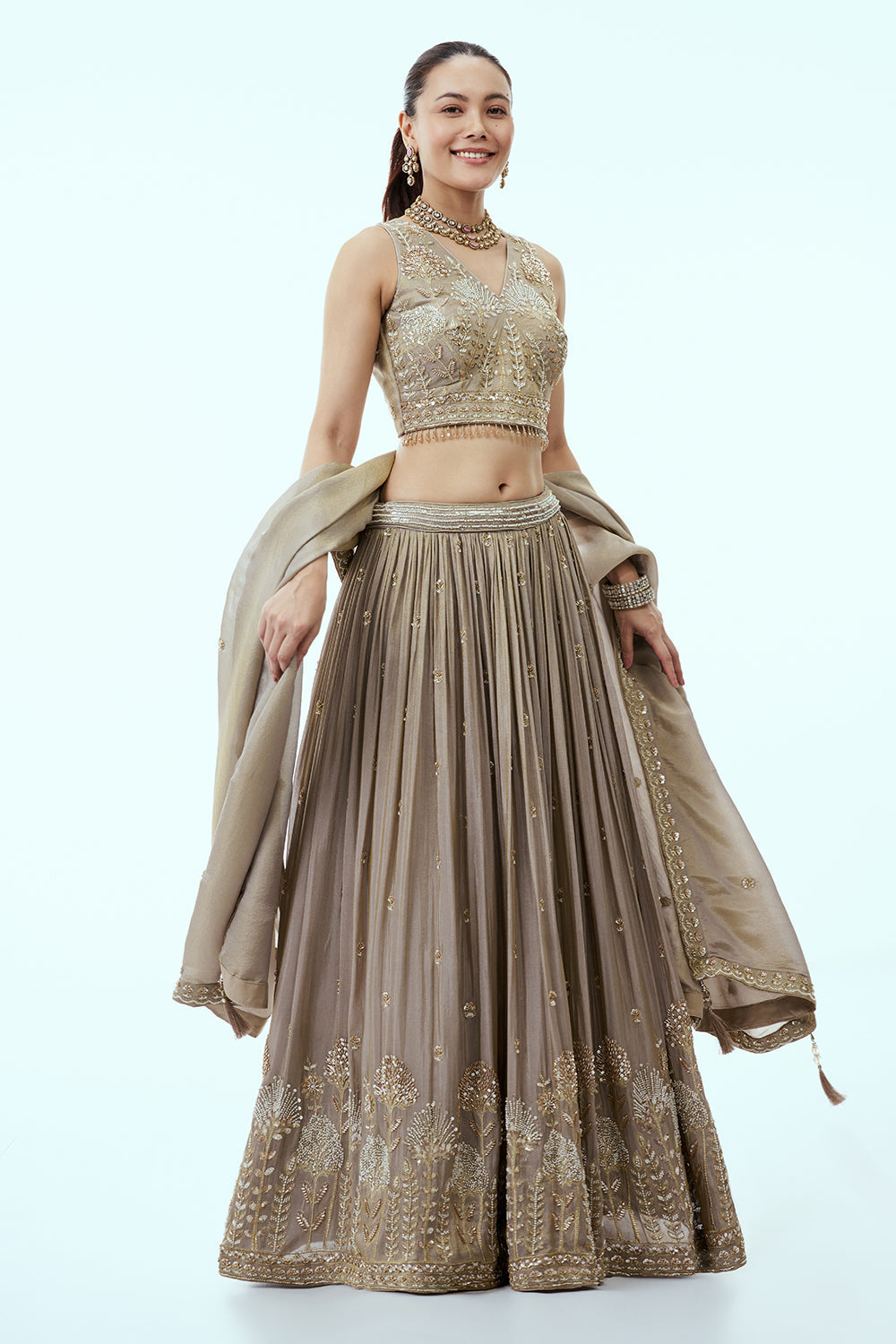 Grey Tissue Lehenga with Cutdana and Moti Embroidery