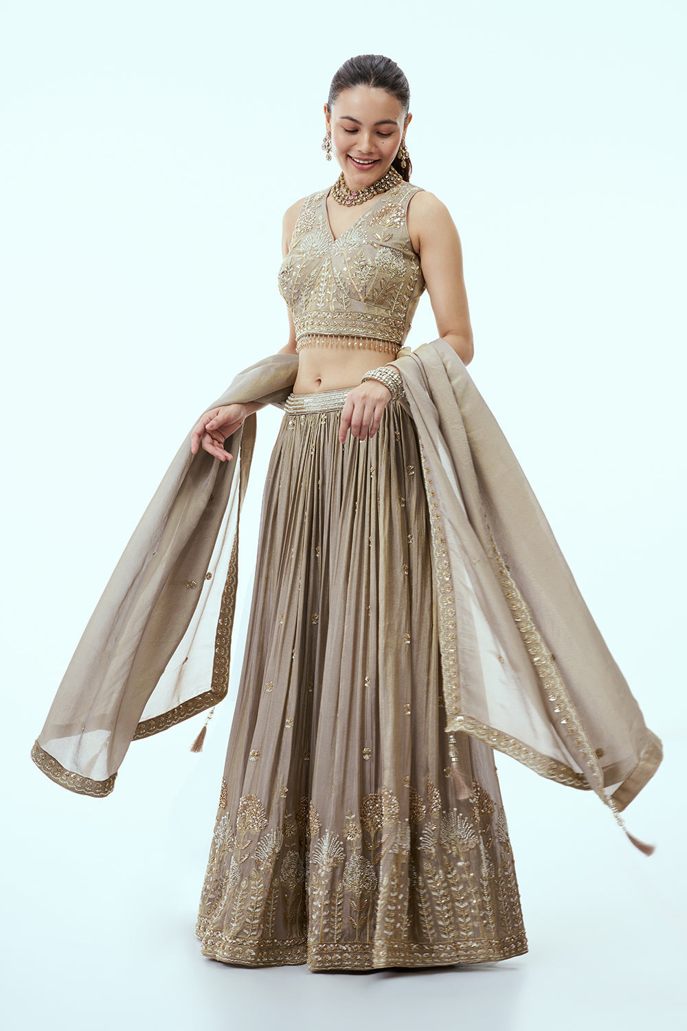 Grey Tissue Lehenga with Cutdana and Moti Embroidery