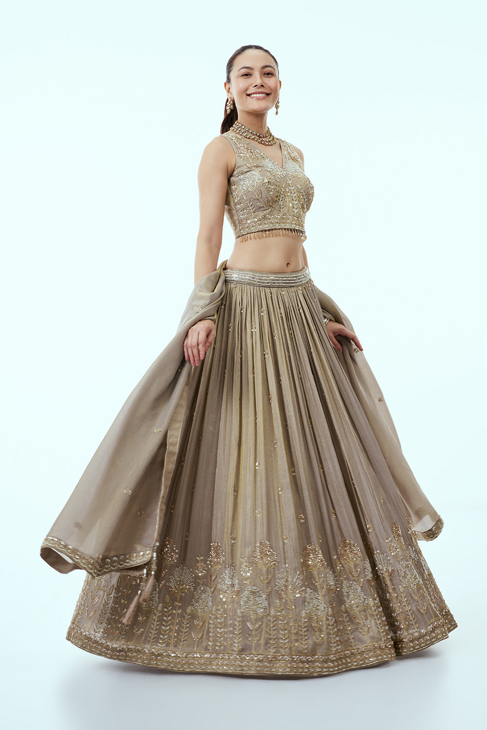 Grey Tissue Lehenga with Cutdana and Moti Embroidery