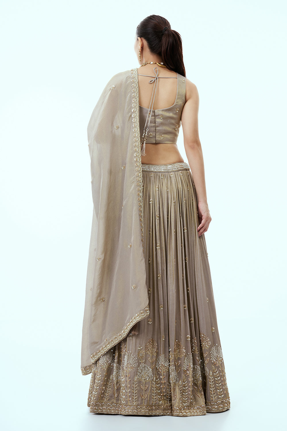 Grey Tissue Lehenga with Cutdana and Moti Embroidery