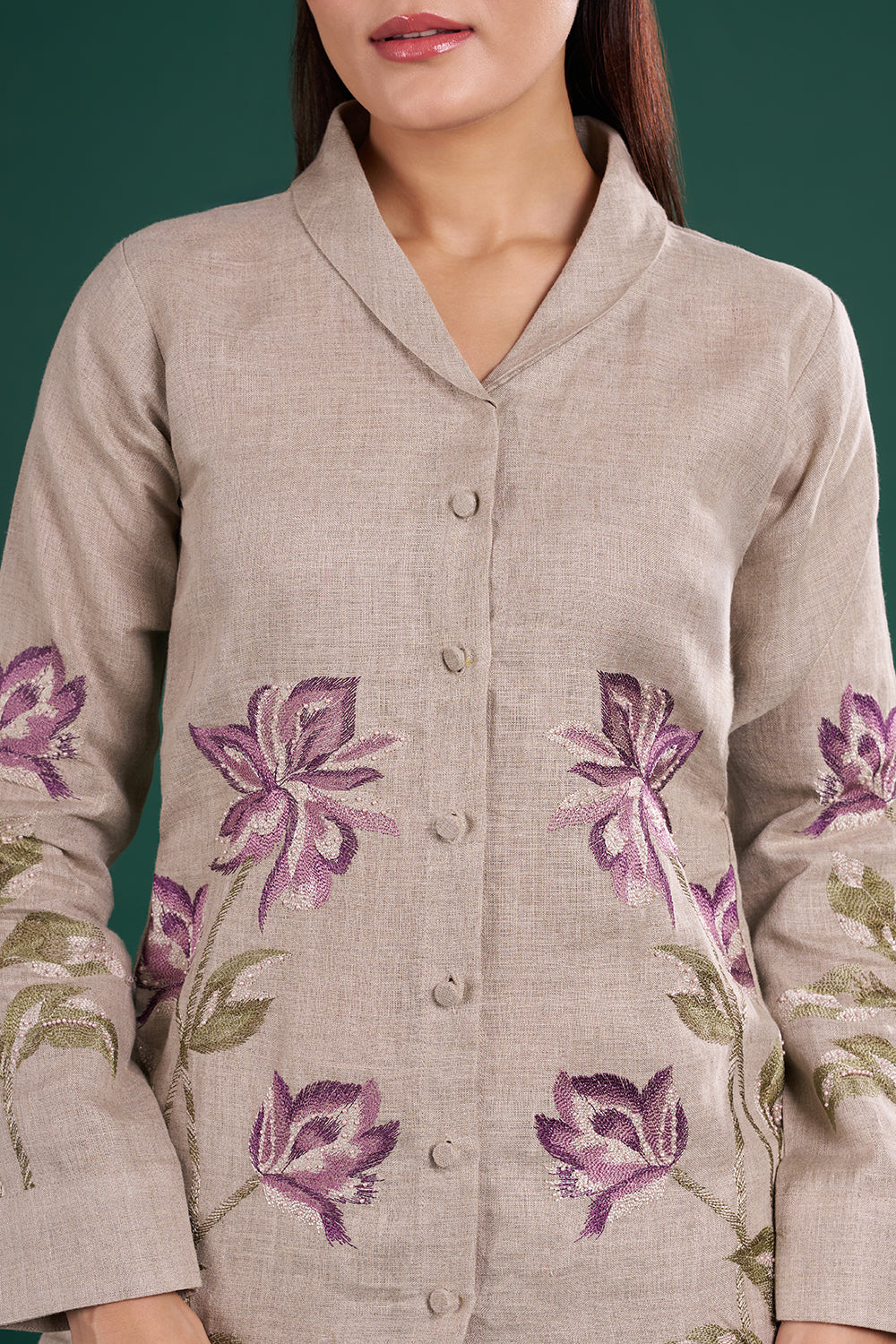 Grey Linen Co-Ord Set with Floral Thread Embroidery