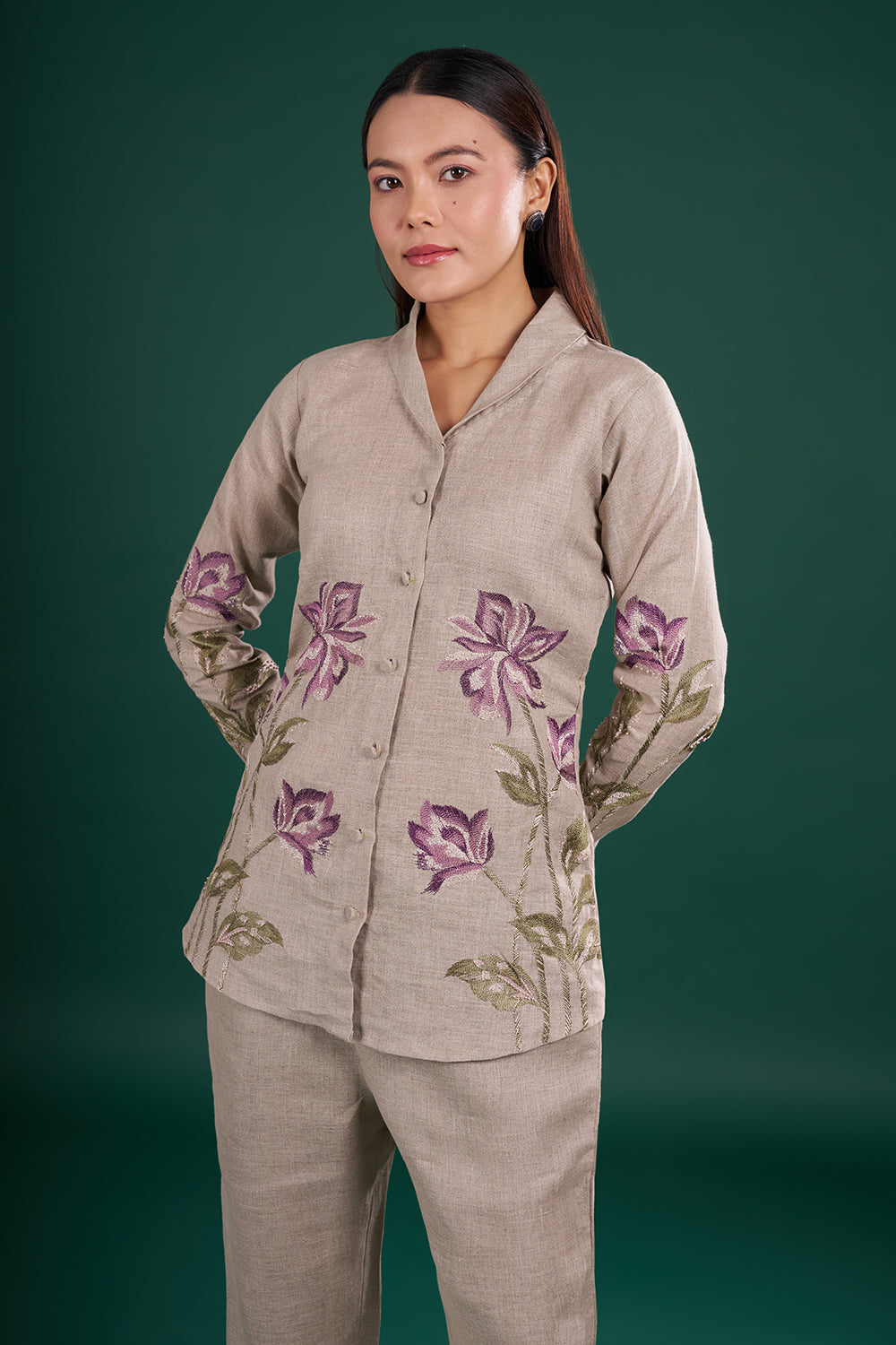 Grey Linen Co-Ord Set with Floral Thread Embroidery