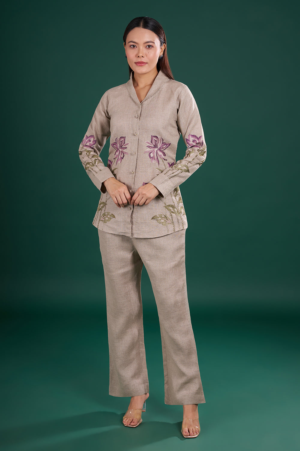 Grey Linen Co-Ord Set with Floral Thread Embroidery