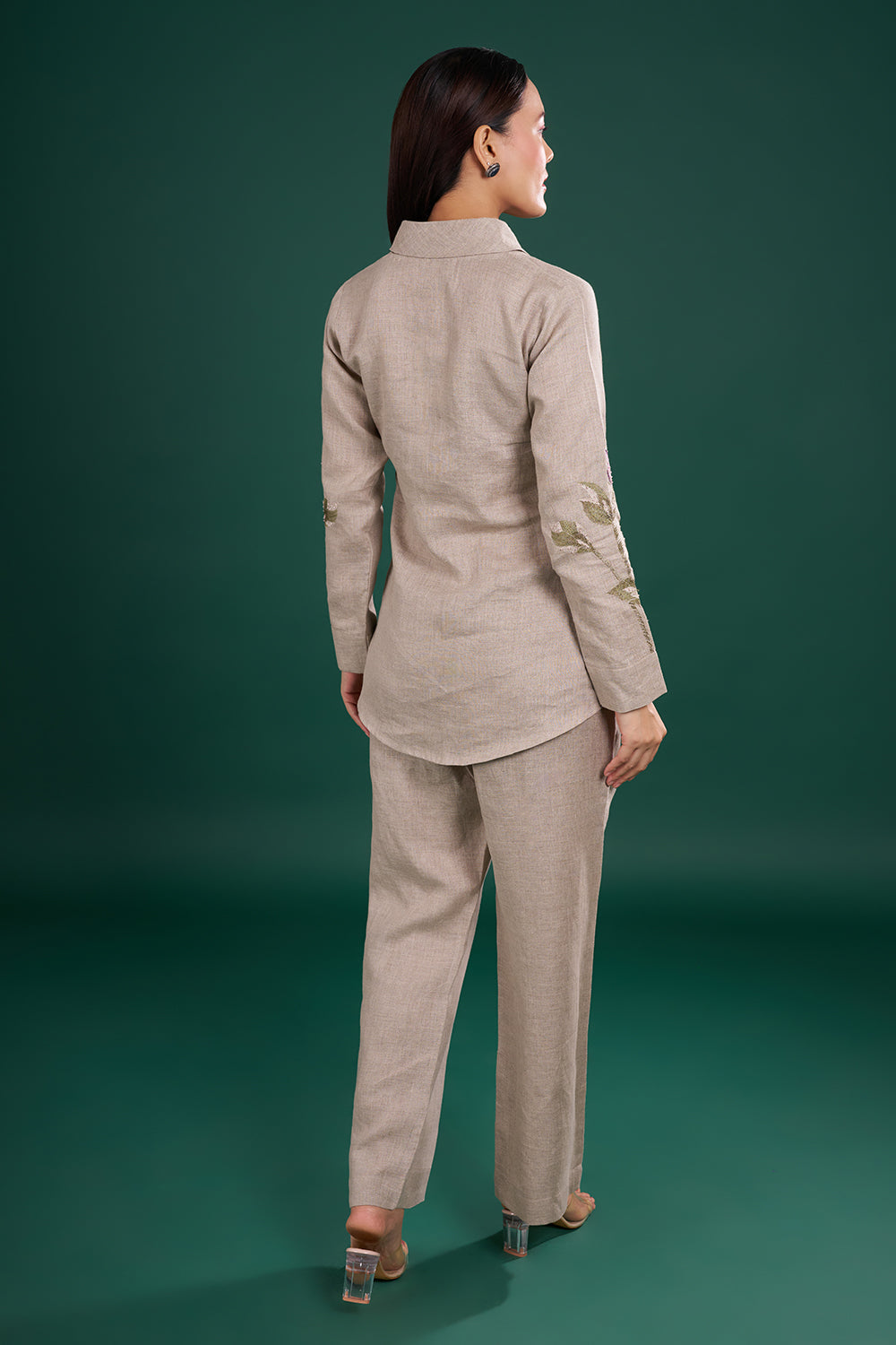 Grey Linen Co-Ord Set with Floral Thread Embroidery