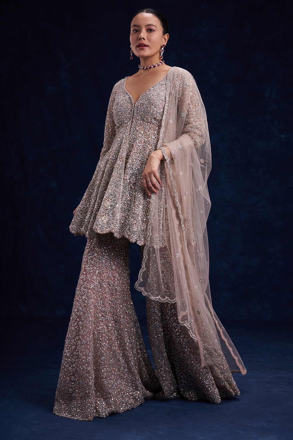 Grey Net Indo-Western Set with Cutdana and Bead Work
