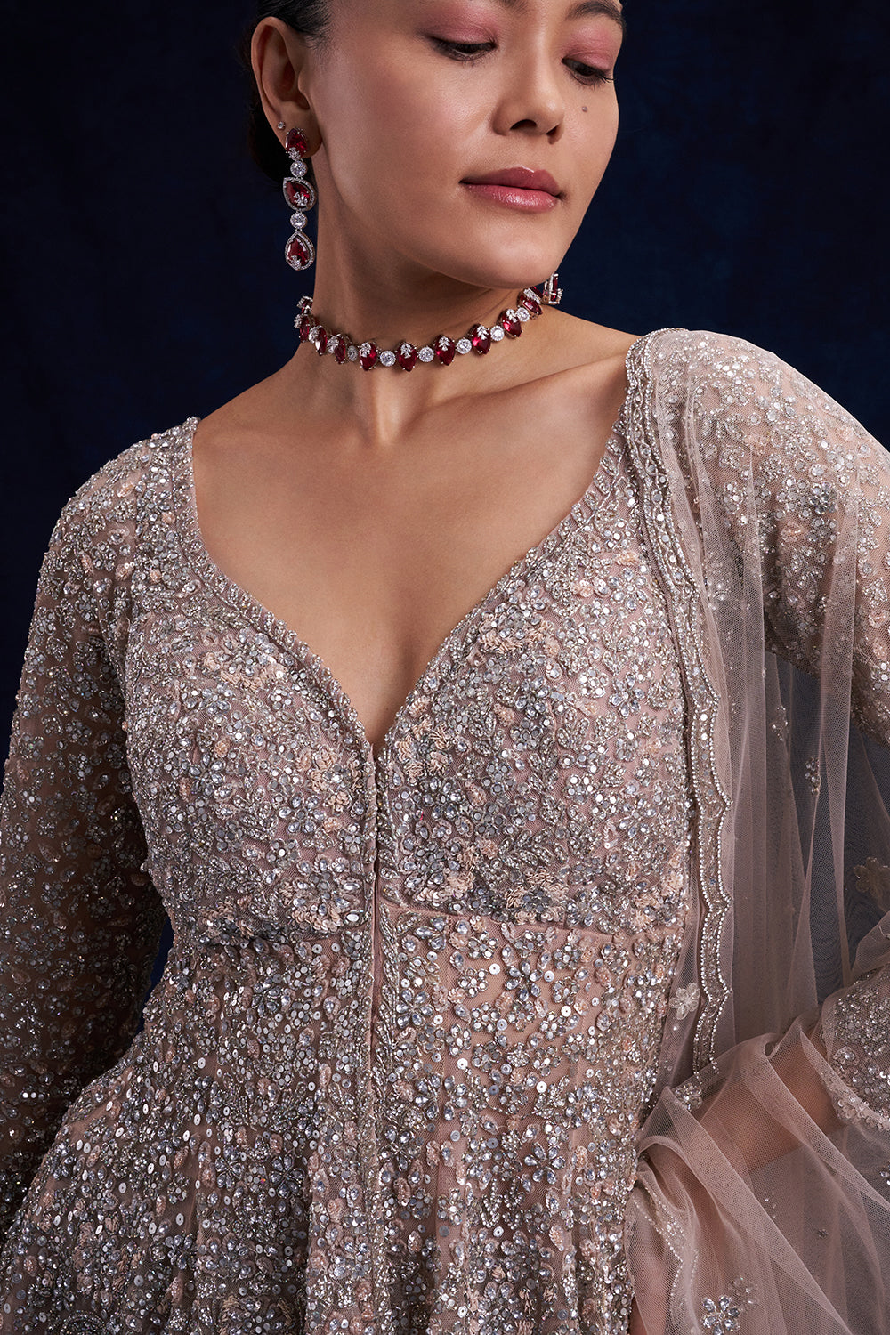 Grey Net Indo-Western Set with Cutdana and Bead Work