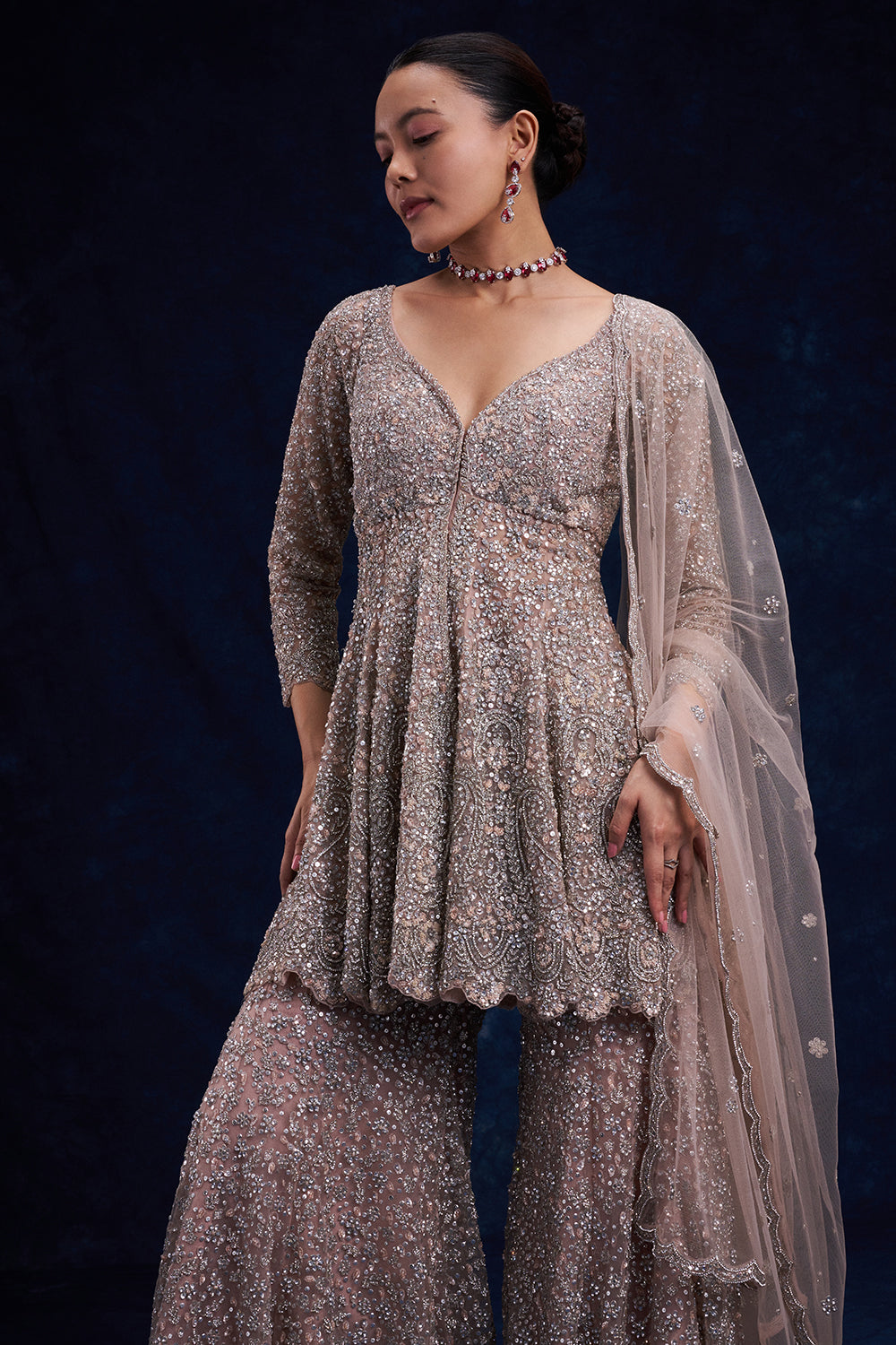 Grey Net Indo-Western Set with Cutdana and Bead Work